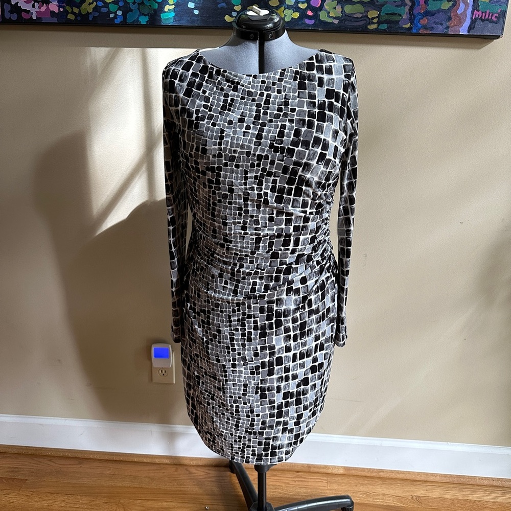 Ralph Lauren Black and White Mosaic Print Long-Sleeve Sheath Dress